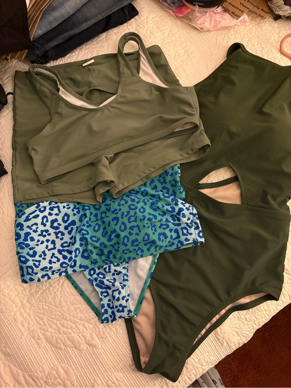 3 Swim Suits Olive Green One-Piece & 2 Bikini Set with Blue Leopard Accent